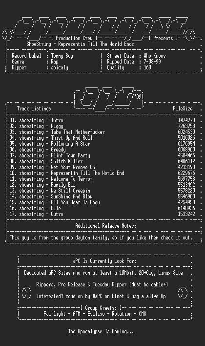 NFO file for Shoestring-representin_till_the_world_ends-1999-apc