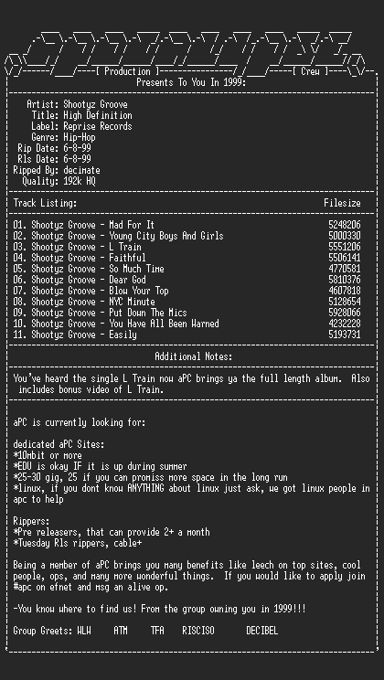 NFO file for Shootyz_groove-high_definition-1999-apc