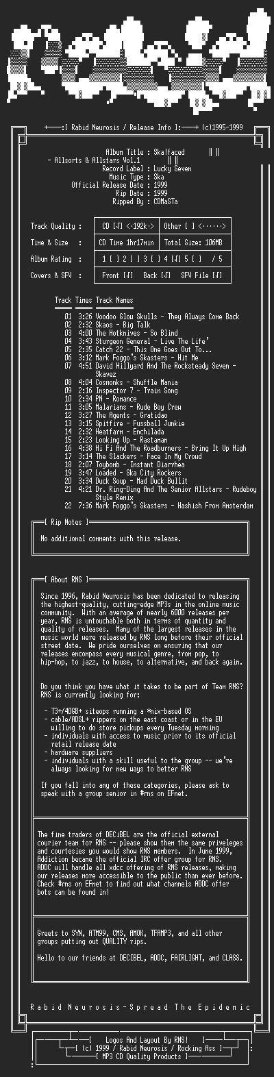 NFO file for VA-Skafaced_-_Allsorts_And_Allstars_Vol.1-1999-RNS