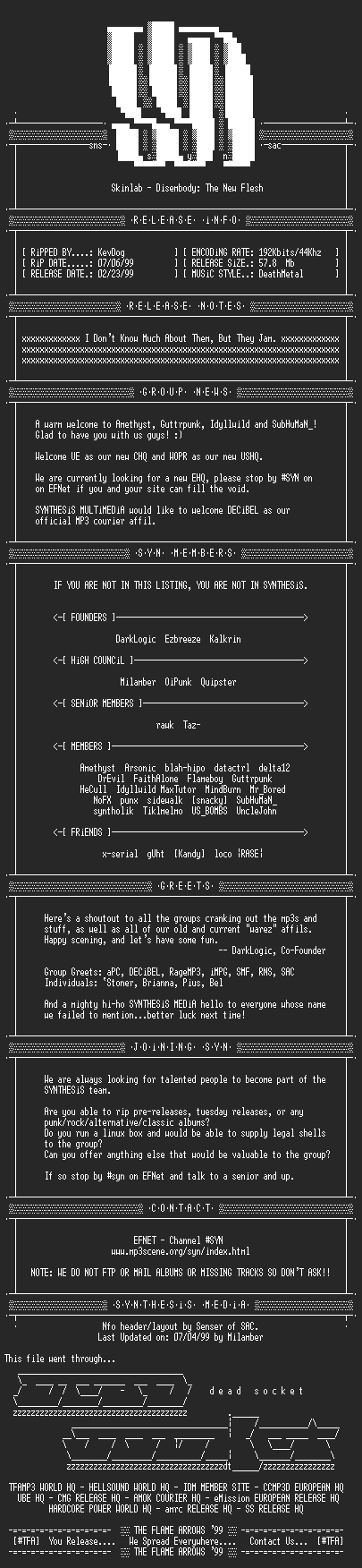 NFO file for Skinlab_-_Disembody_The_New_Flesh-1999-SYN
