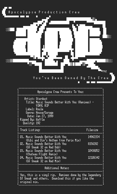 NFO file for Stardust-music_sounds_better_with_you-remixes-vinyl_rip-apc-waffle