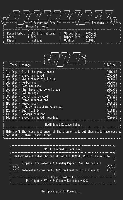 NFO file for Styx-Brave_New_World-1999-aPC