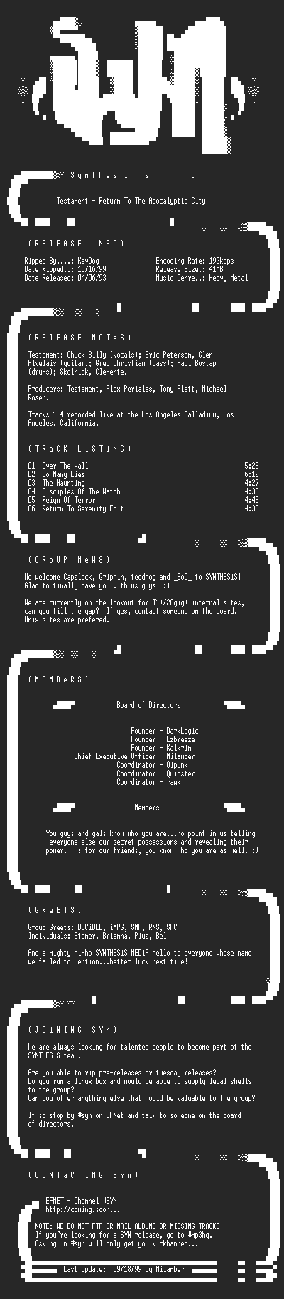 NFO file for Testament-Return_To_The_Apocalyptic_City-1993-SYN