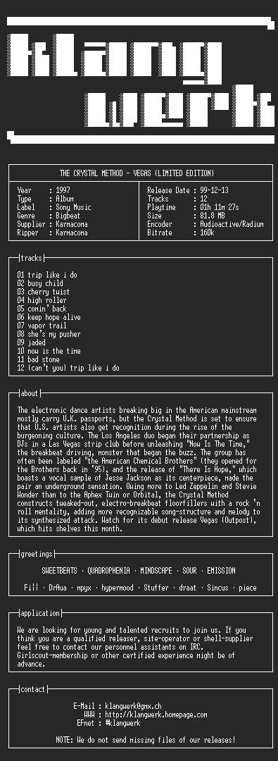 NFO file for the.crystal.method--vegas.(limited.edition)-1997-kW