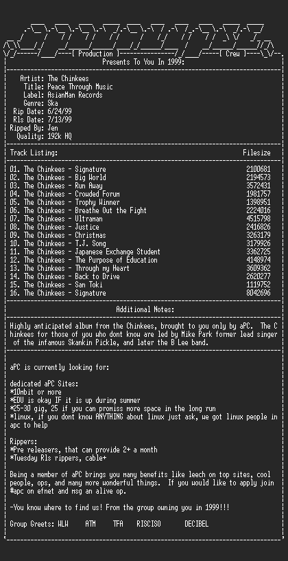 NFO file for The_Chinkees-Peace_Through_Music-1999-aPC