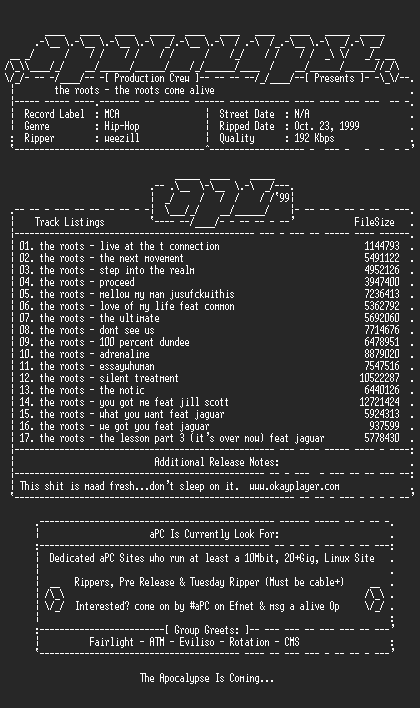 NFO file for The_Roots-The_Roots_Come_Alive-1999-aPC