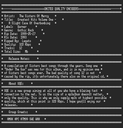 NFO file for The_Sisters_Of_Mercy-The_Greatest_Hits_Volume_One-UQE