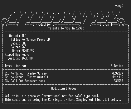 NFO file for Tlc-no_scrubs-promo_cd-1999-hydro-apc