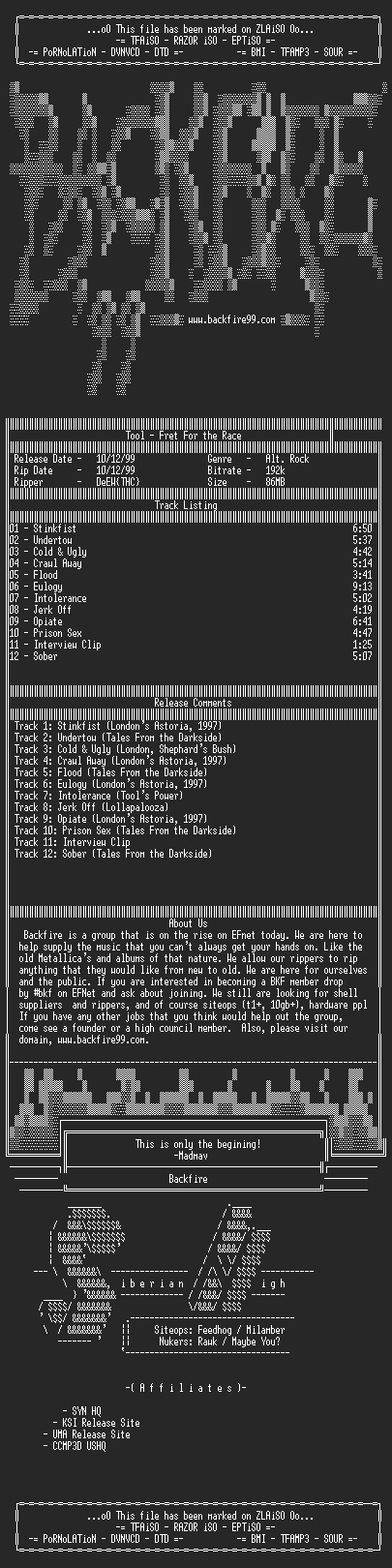 NFO file for Tool-Fret_For_the_Race-1997-BKF