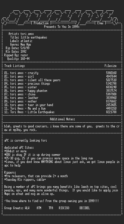 NFO file for Tori_Amos-Little_Earthquakes-1992-aPC