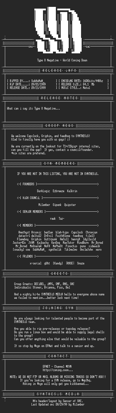 NFO file for Type_O_Negative_-_World_Coming_Down-1999-SYN
