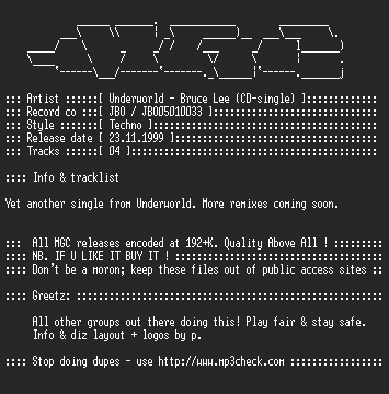 NFO file for Underworld_-_Bruce_Lee-(CDS1999)-MGC