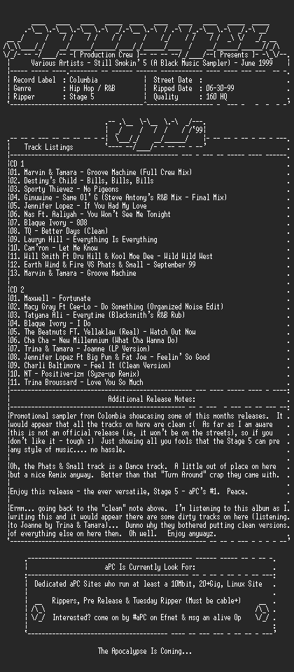 NFO file for Various-still_smokin_5_black_music_sampler_june-promo-1999-apc