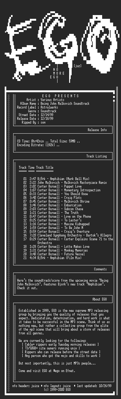 NFO file for Various_Artists-Being_John_Malkovich_Soundtrack-1999-EGO