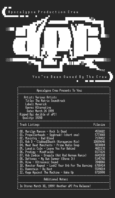 NFO file for Various_Artists-The_Matrix_Soundtrack-1999-decible-aPC