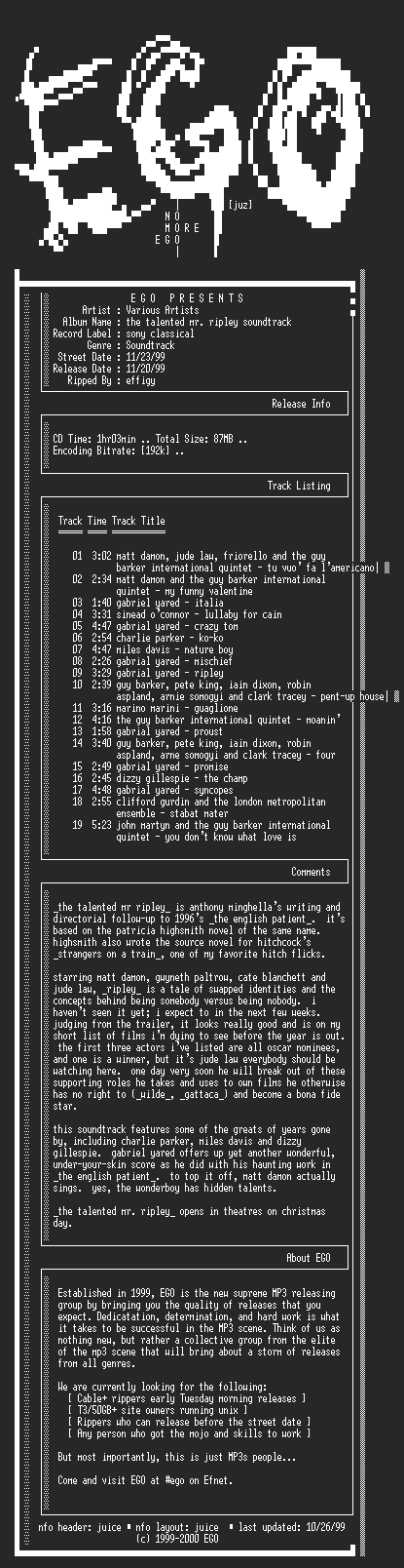 NFO file for Various_Artists-The_Talented_Mr_Ripley_Soundtrack-1999-EGO