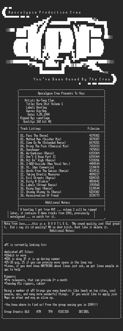 NFO file for Wu-Tang_Clan-Rare_Shit_Volume_1_Bootleg-1999-aPC