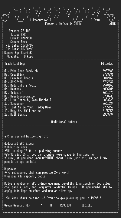 NFO file for ZZ_Top-XXX-1999-aPC