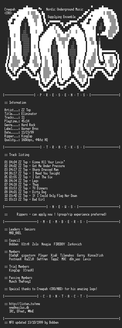 NFO file for ZZ_Top_-_Eliminator-(1983)-NmE