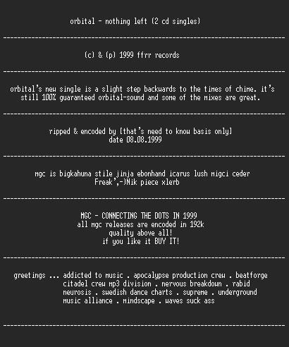 NFO file for Orbital_-_Nothing_Left_1999_singles-MGC