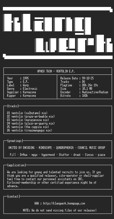 NFO file for aphex.twin--ventolin.e.p.-1995-kW