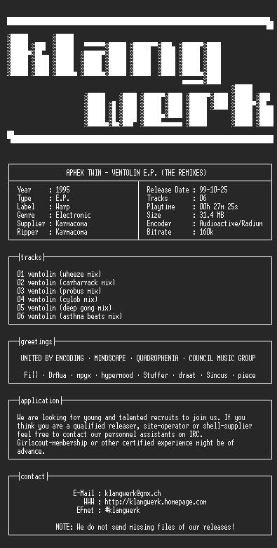 NFO file for aphex.twin--ventolin.e.p.(the.remixes)-1995-kW