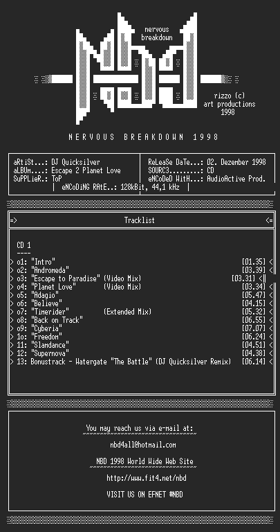 NFO file for Dj_quicksilver_-_escape_2_planet_love-1998-nbd