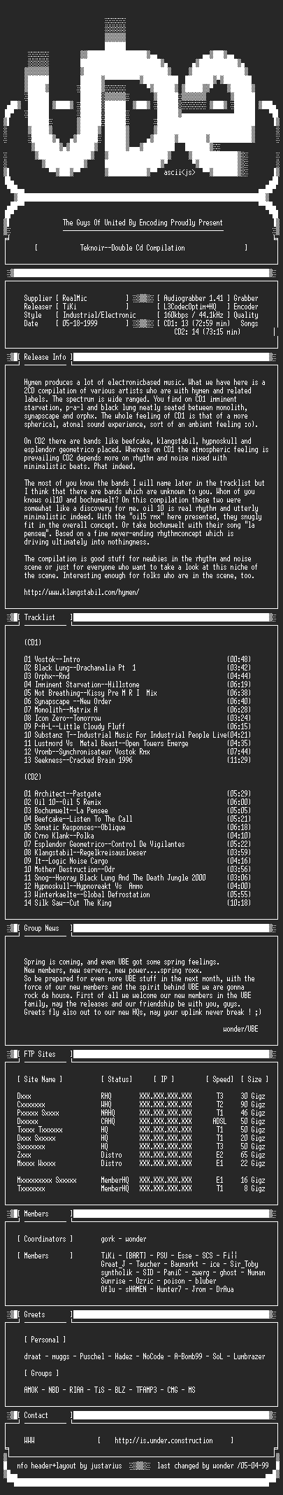 NFO file for Teknoir--Double.Cd.Compilation-2CD-1999-UBE