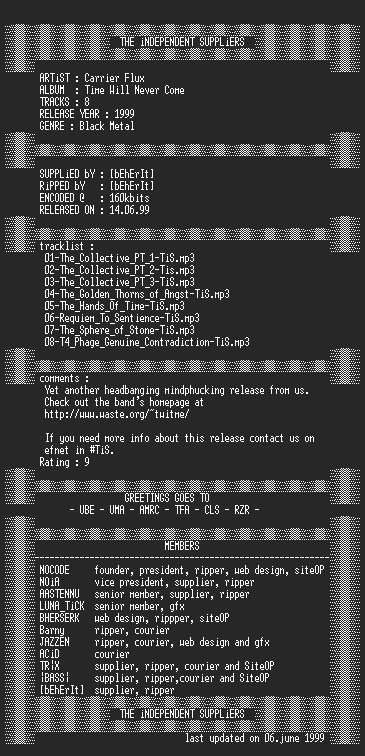 NFO file for Carrier_Flux_-_Time_Will_Never_Come-1999-TiS
