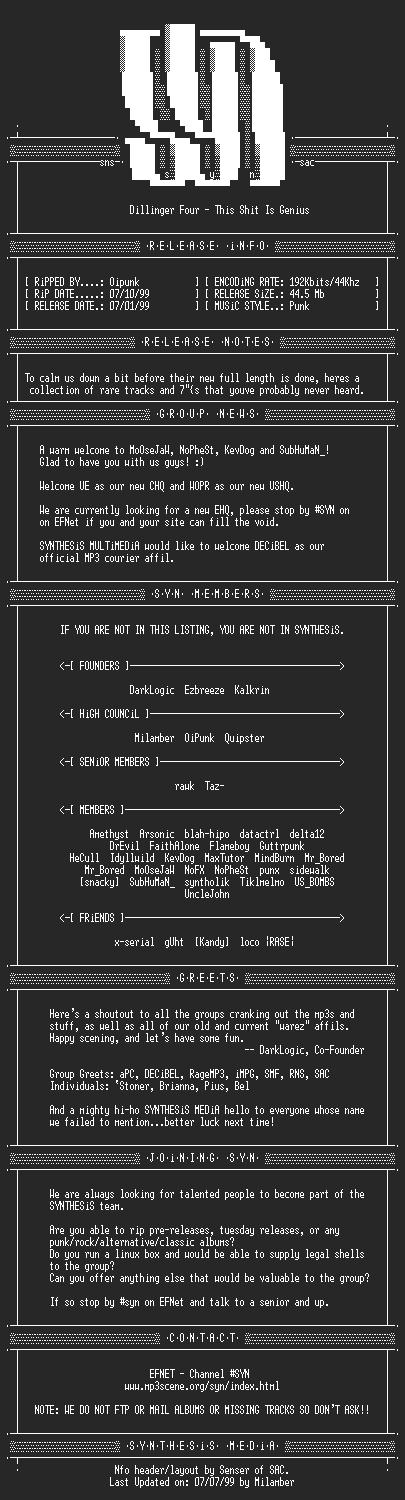 NFO file for Dillinger_Four_-_This_Shit_Is_Genius-1999-SYN