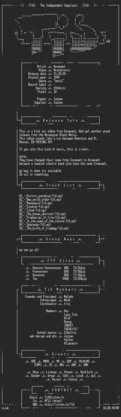 NFO file for Kovenant_-_Animatronic-PROMO-1999-TiS