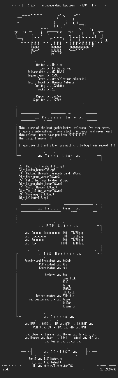 NFO file for Malaise_-_Fifty_two_ways-1996-TiS