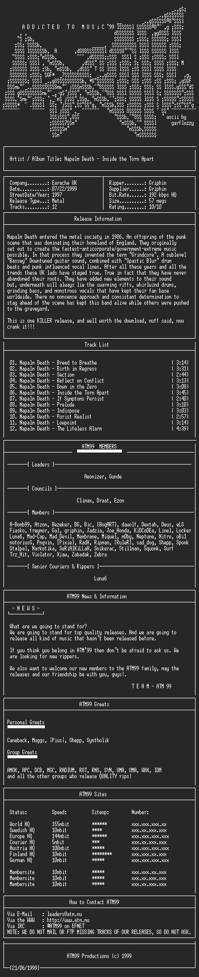 NFO file for Napalm_Death_-_Inside_the_Torn_Apart_-_(1997)-ATM99