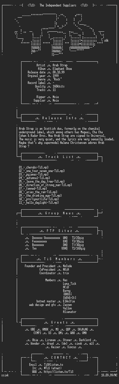 NFO file for Arab_Strap_-_Elephant_Shoe-1999-TiS