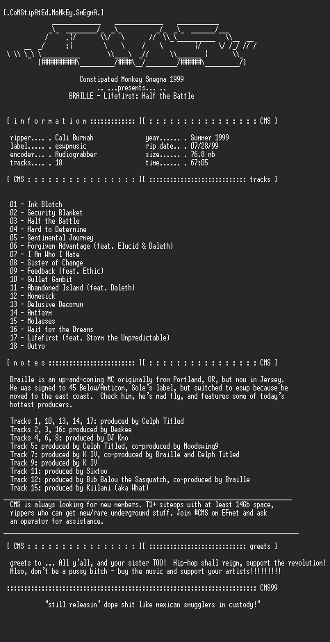 NFO file for Braille-Lifefirst_(Half_The_Battle)-1999-CMS