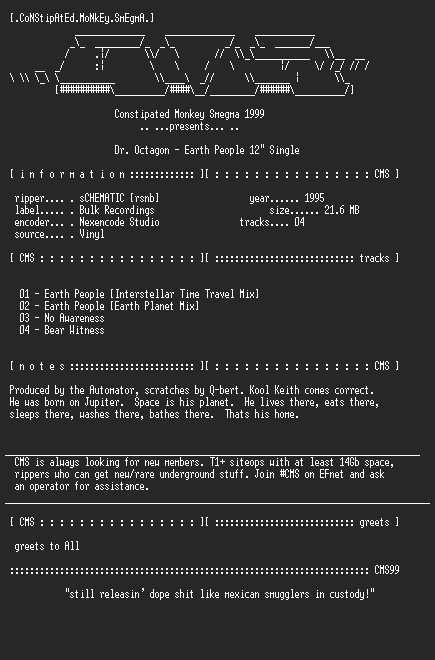 NFO file for Dr._Octagon-Earth_People_12''-1999-CMS