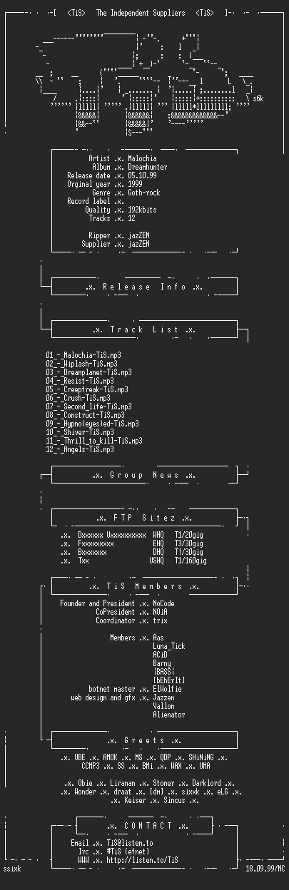 NFO file for Malochia_-_Dreamhunter-1999-TiS