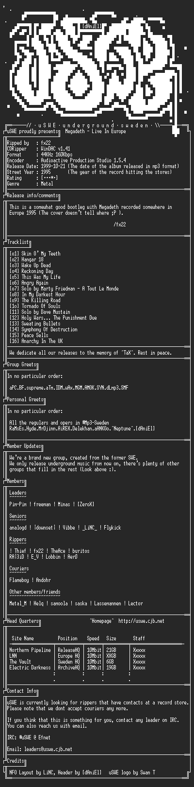 NFO file for Megadeth_-_Live_In_Europe_(1995)_-_uSWE