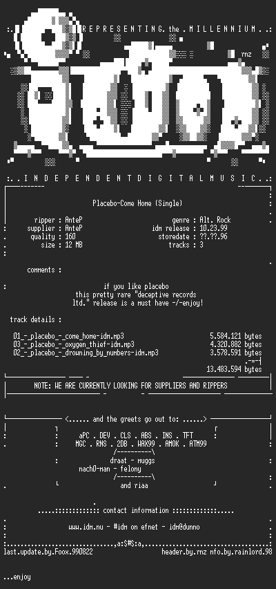 NFO file for Placebo_-_Come_Home_(cds)_(1996)-IDM