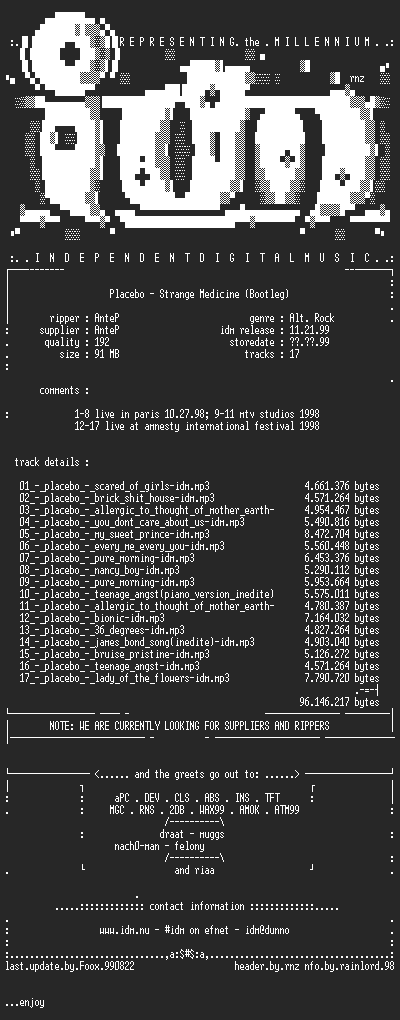 NFO file for Placebo_-_Strange_Medicine_(Bootleg)_1999-IDM