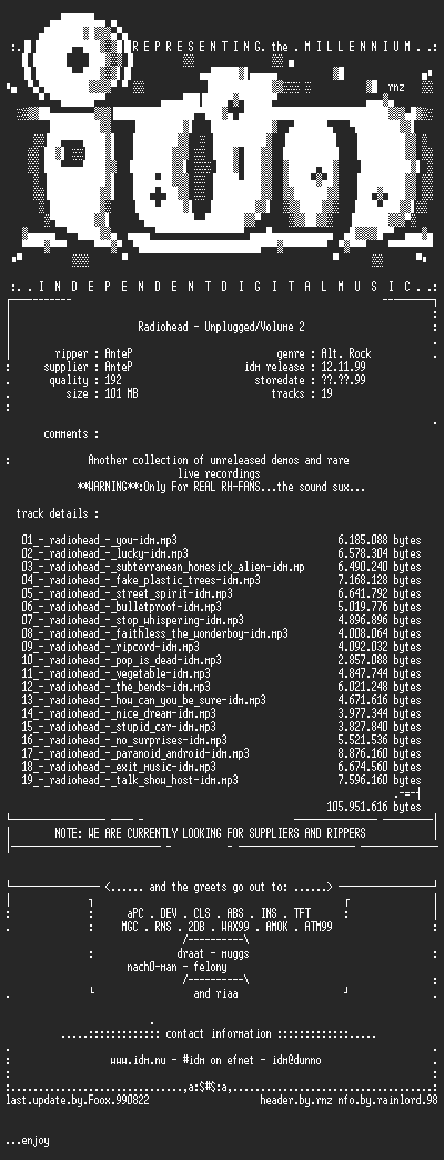 NFO file for Radiohead_-_Unplugged_Volume_2_(Bootleg)-1999-IDM
