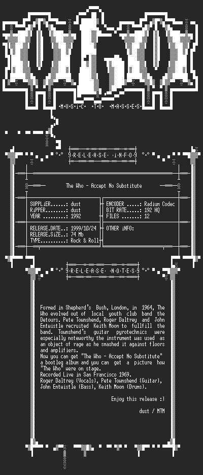 NFO file for The_Who_-_Accept_No_Substitute_(1992)_-_MTM