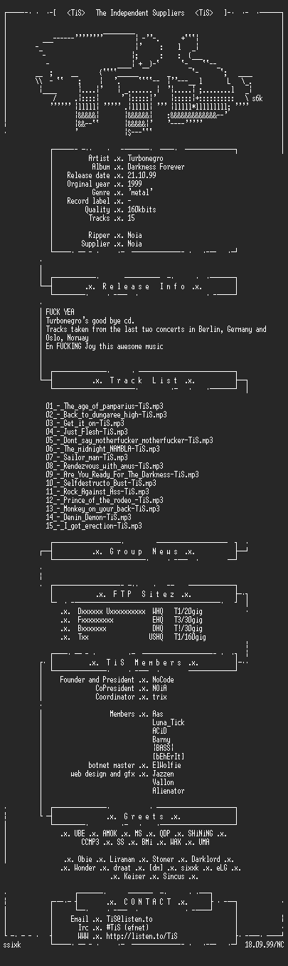 NFO file for Turbonegro_-_Darkness_Forever-1999-TiS