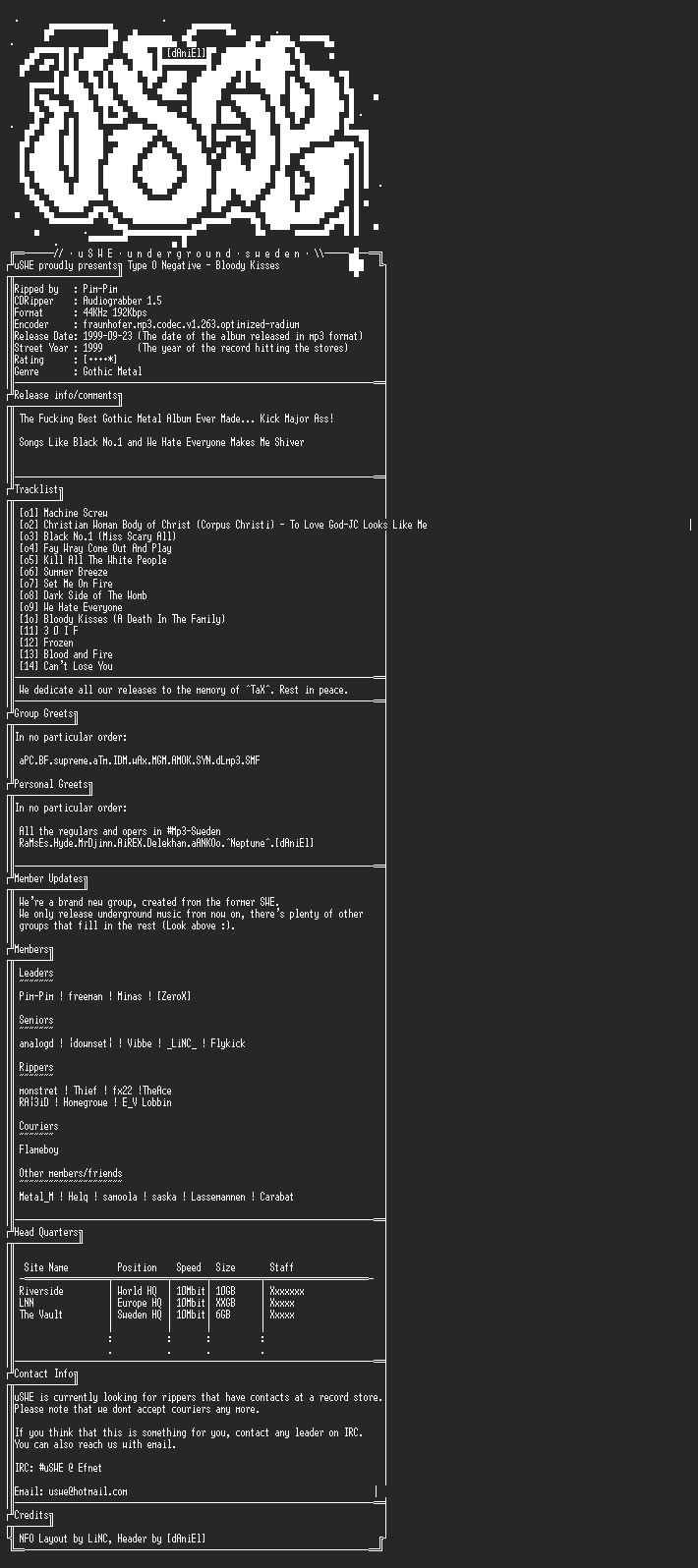 NFO file for Type_O_Negative_-_Bloody_Kisses_(1993)_-_uSWE
