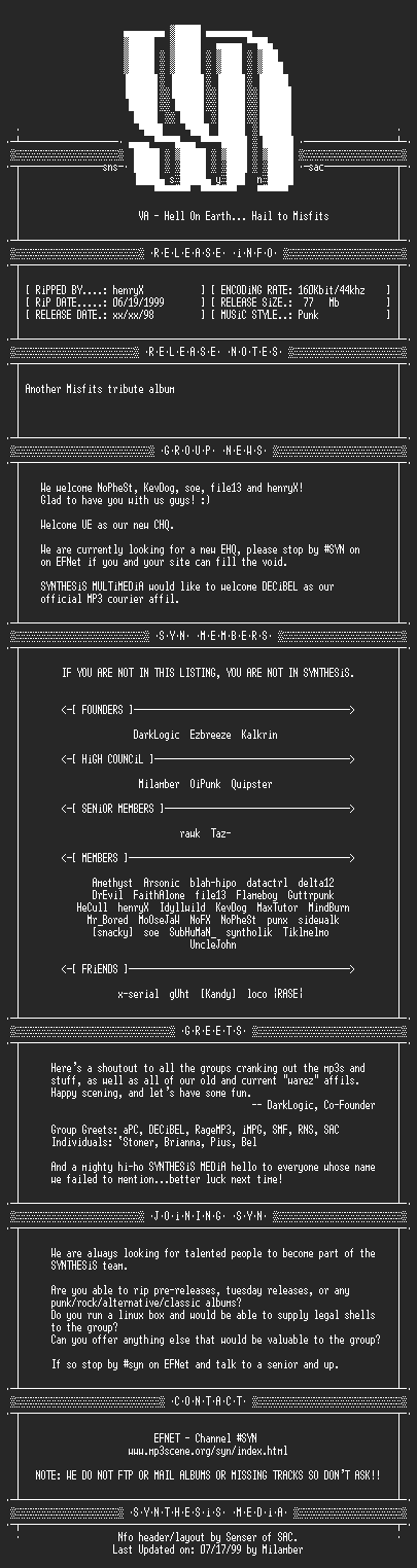 NFO file for VA_Hell_On_Earth-Hail_To_Misfits-1998-SYN