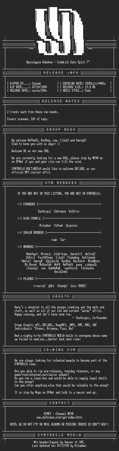 NFO file for VA_Apocalypse_Hoboken-Sidekick_Ka_1995-SYN