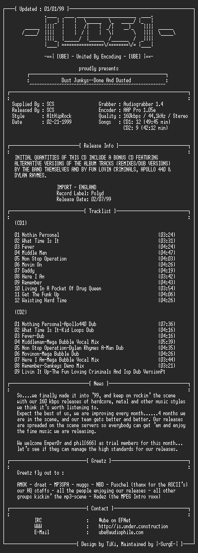 NFO file for Dust_Junkys_-_Done_and_Dusted_2CD_(1999)-UBE