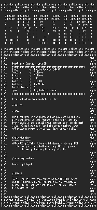 NFO file for Hux-Flux_-_Cryptic_Crunch__cd_(eMission)