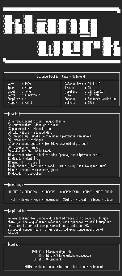 NFO file for Science.fiction.jazz--vol.4-1999-kW