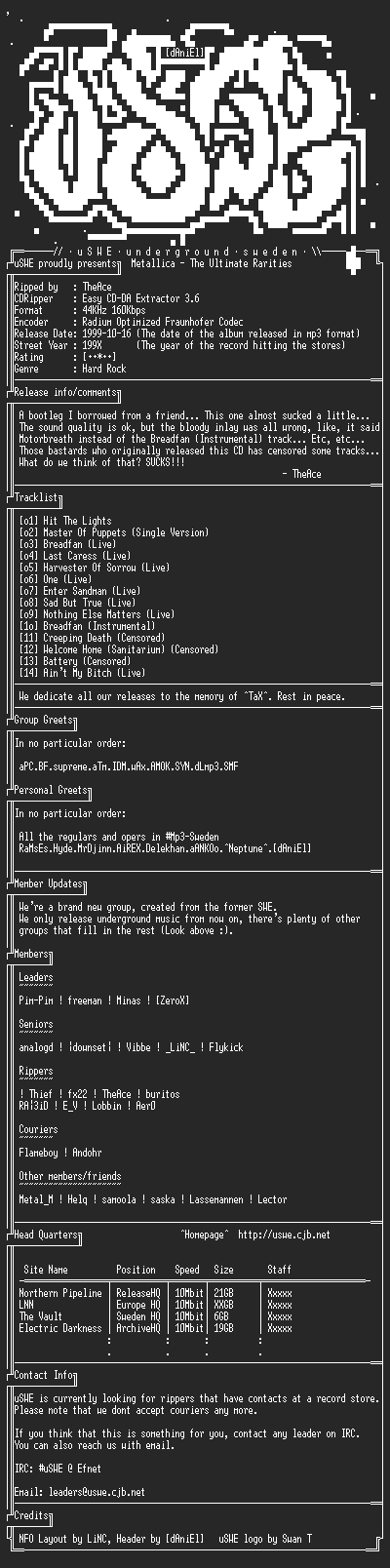 NFO file for Metallica_-_The_Ultimate_Rarities_(199x)_-_uSWE